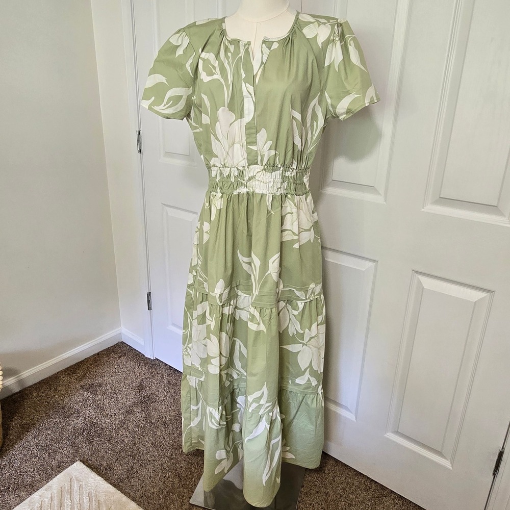 Tahari ASL Maxi Dress‎ Womens Large Green Floral Smocked Tiered Cotton Boho